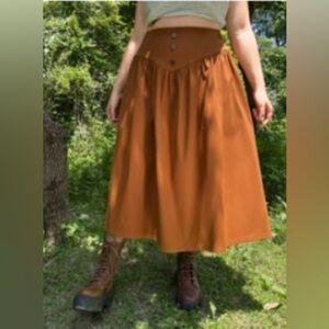 Rust/Burnt Orange/Brown A-line dipped waist full midi skirt